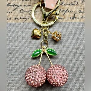 New Pink Austrian Crystal Cherry Gold Tone Purse Charm Keychain w/ Heart - 4”
